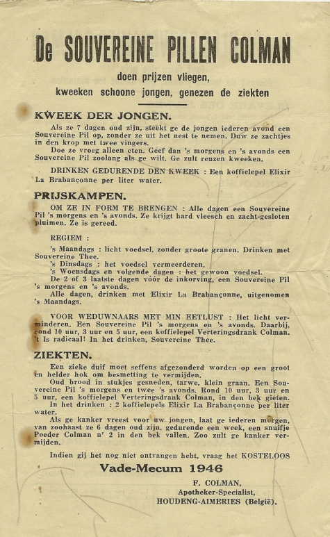 Richtlijnen voor duivenmelkers, Balegem, 1946