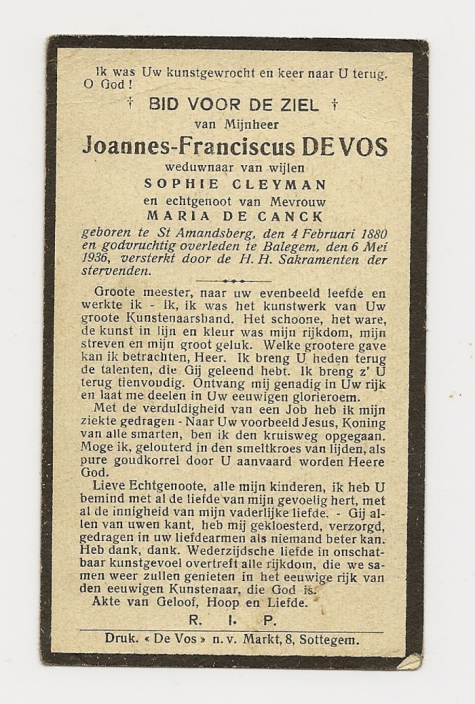 Bidprentje van Joannes-Franciscus De Vos, Balegem, 1936