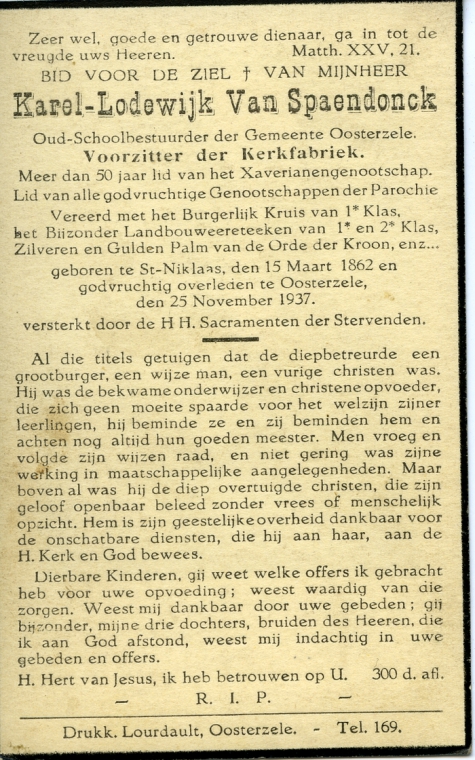Bidprentje Karel-Lodewijck Van Spaendonck, Oosterzele, 1937