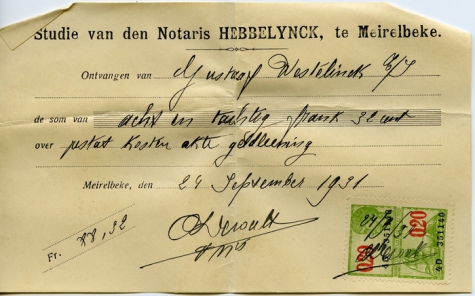 Ontvangstbewijs van de afbetaling van een hypothecair krediet, Merelbeke, 1931
