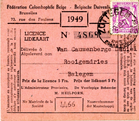 Lidkaart v.d. Belgische Duivenbond, Balegem, 1949