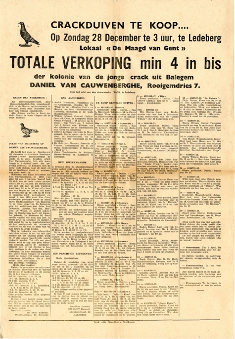 Affiche voor duivenverkoping, Balegem, 1952