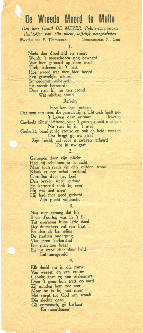 Liedtekst &#039;De Wreede Moord te Melle&#039;, naar aanleiding van de moord op de politiecommissaris Gentil Demeyer te Melle, 1920