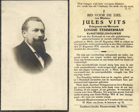 Doodsprentje met betrekking tot de Melse beeldhouwer Jules Vits, 1935