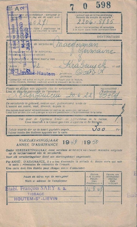 Verzekeringskaart Firma Saey, Sint-Lievens-Houtem, 1949