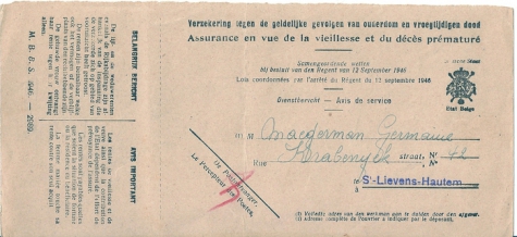 Verzekeringskaart van Maegerman Germaine, Sint-Lievens-Houtem, 1949
