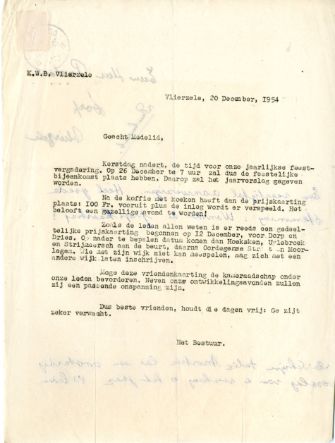Brief naar de KWB leden voor de prijskaarting, Vlierzele, 1954