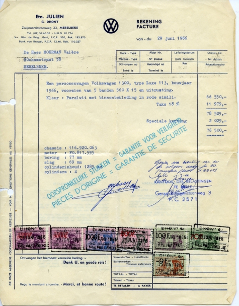 Factuur van de aankoop van een wagen, Merelbeke, 1966