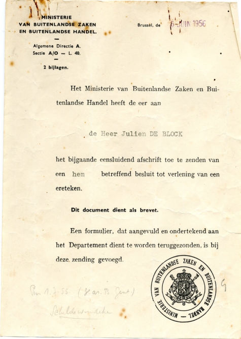 Brief ter kennisgeving, Brussel, 1956