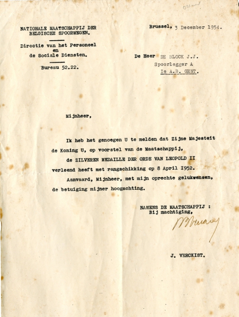 Brief over het toekennen van een ereteken, Brussel, 1954