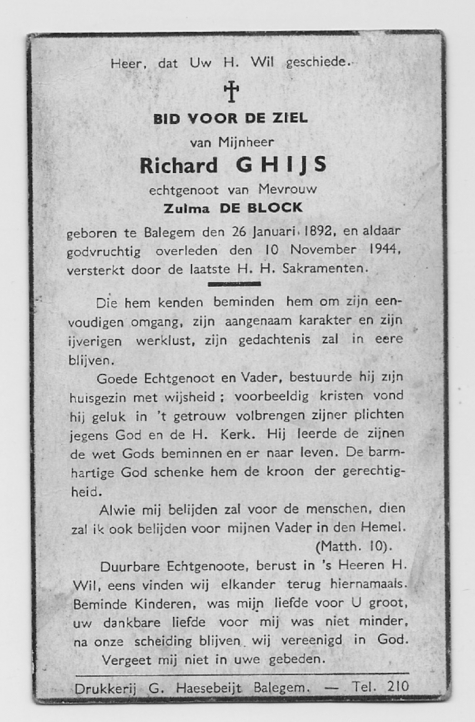 Bidprentje van Richard Ghijs, Balegem, 1944