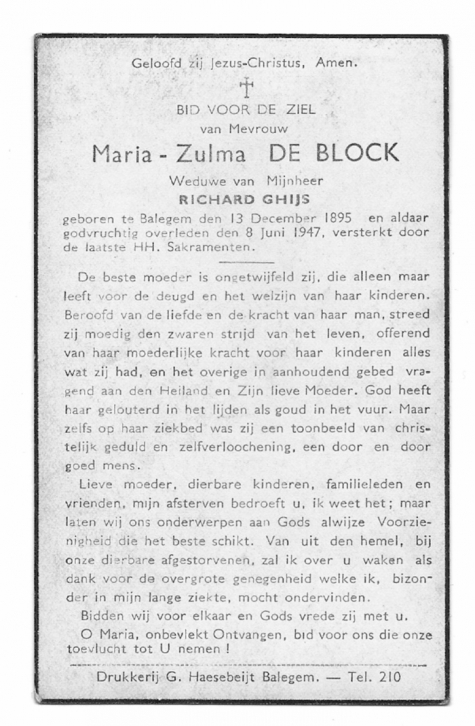 Bidprentje van Maria-Zulma De Block, Balegem, 1947