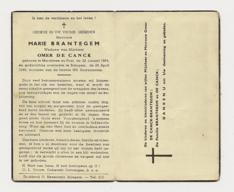 Bidprentje van Marie Brantegem, Balegem, 1949