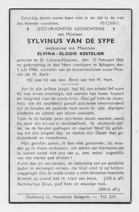 Bidprentje van Sylvinus Van De Sype, Balegem, 1946
