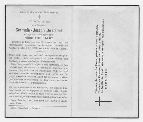 Bidprentje Germain-Joseph De Canck, Zottegem, 1957