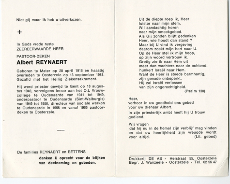 Bidprentje deken Albert Reynaert, Oosterzele, 1981