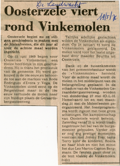 Krantenartikel Molenfeesten, Oosterzele, 1976