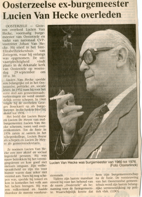 Krantenartikel over de dood van burgemeester Lucien Van Heck, Oosterzele, 1993
