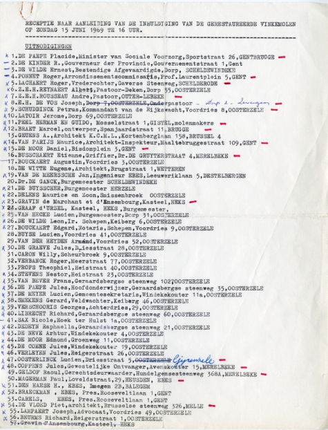 Lijst genodigden inhuldiging gerestaureerde Vinkemolen, Oosterzele, 1969
