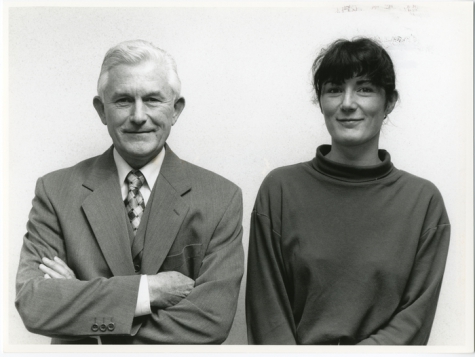Lucien en dochter Marijke De Meyer, OCMW secretarissen, Oosterzele, 1995