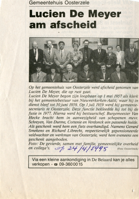 Krantenartikel over pensionering Lucien De Meyer, Oosterzele, 1995