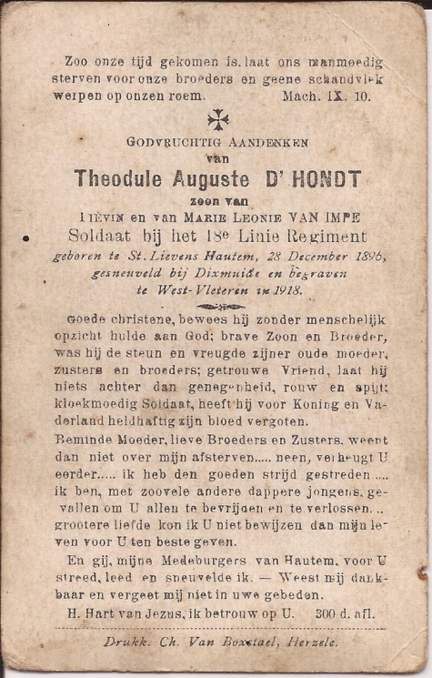 Bidprentje Theodule Auguste D&#039;Hondt, Diksmuide, 1918