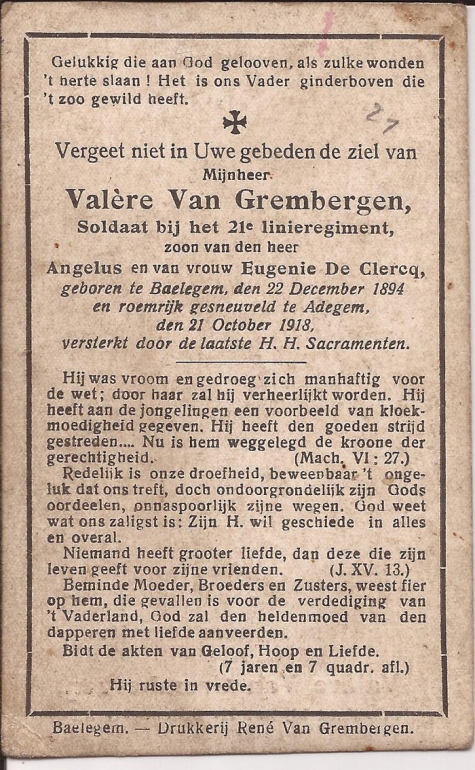 Bidprentje Valère Van Grembergen, Adegem, 1918 