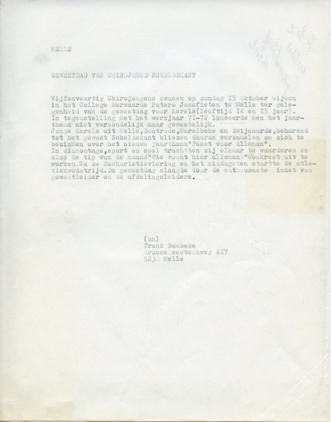 Artikel over gewestdag van chirojeugd Scheldekant, Melle, 1972