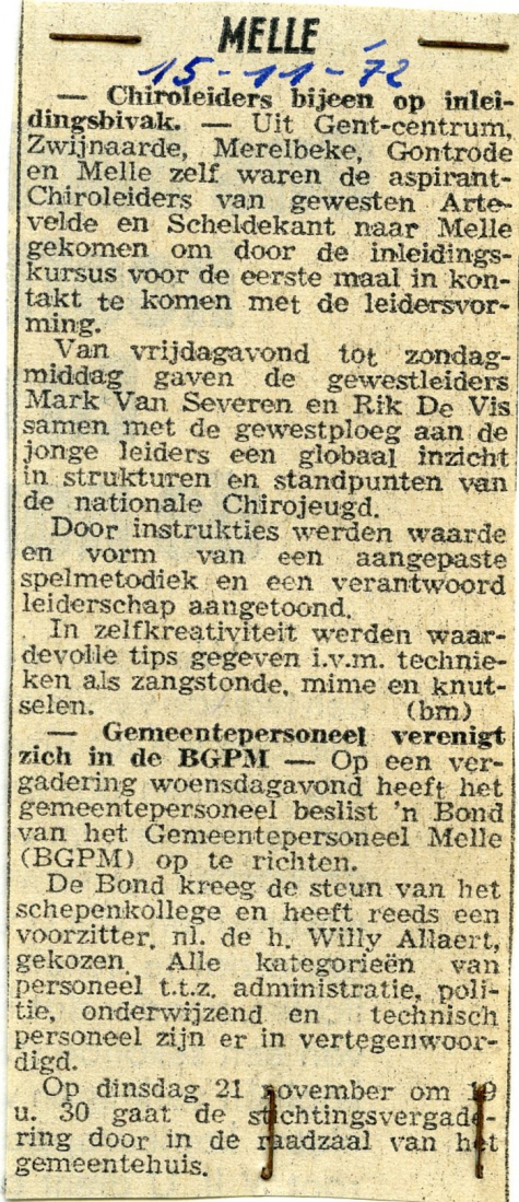 Krantenartikel over de inleidingsbivak chirojongens, Melle, 1972
