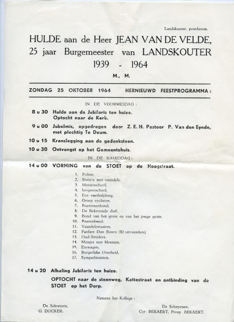 25 jaar burgemeester Jean Van de Velde, feestprogramma, Landskouter, 1964