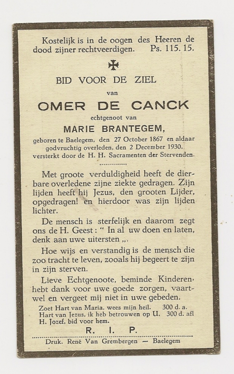 Bidprentje Omer De Canck, Balegem, 1930