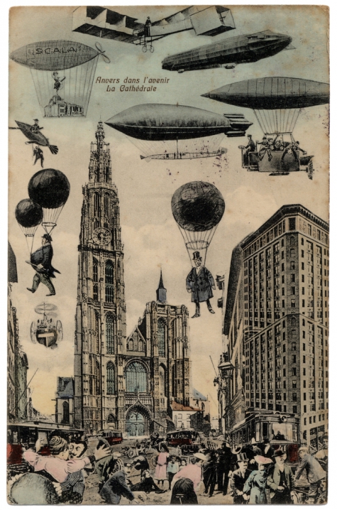 Toekomstbeeld met diverse luchtschepen, 1909