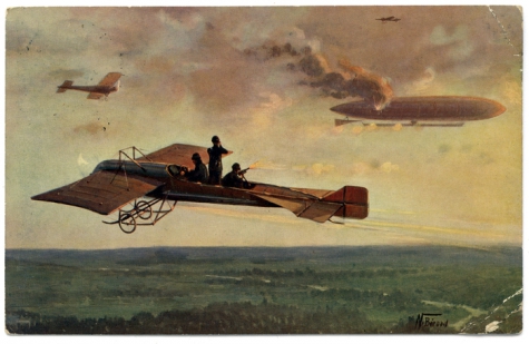 Neerschieten zeppelin boven Engeland door geallieerde vliegtuigen, 1915.