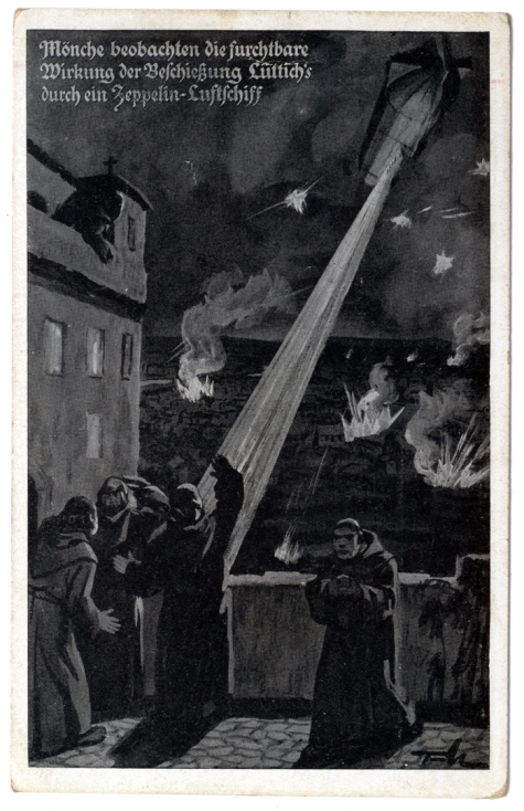 Uitzicht op het vreselijk bombardement van Luik door een zeppelin, 1914
