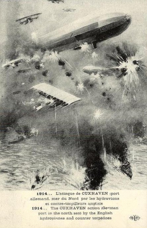 Gelukte Engelse luchtaanval op Duitse marinebasis Cuxhafen verdedigd door zeppelins, 1915