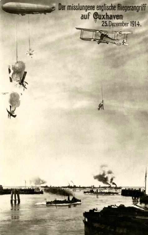 Mislukte Engelse luchtaanval op Duitse marinebasis Cuxhafen verdedigd door zeppelins.