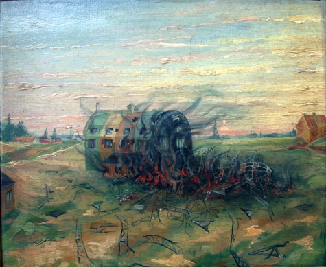 Brandende zeppelinhal van Evere, 1915.