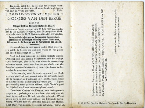 Bidprentje Georges Van den Berge, Sint-Lievens-Houtem, 1944