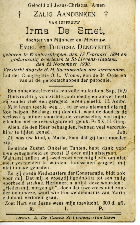 Bidprentje Irma De Smet, Sint-Lievens-Houtem, 1930