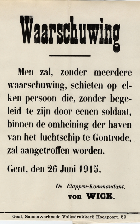 Waarschuwing bij het betreden van het vliegveld van Gontrode, 1915