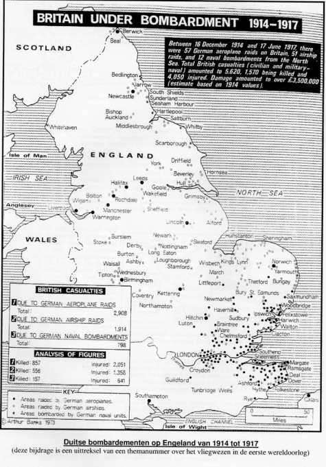 Overzichtskaart van Duitse aanvallen op Groot-Brittannië, 1914-1917