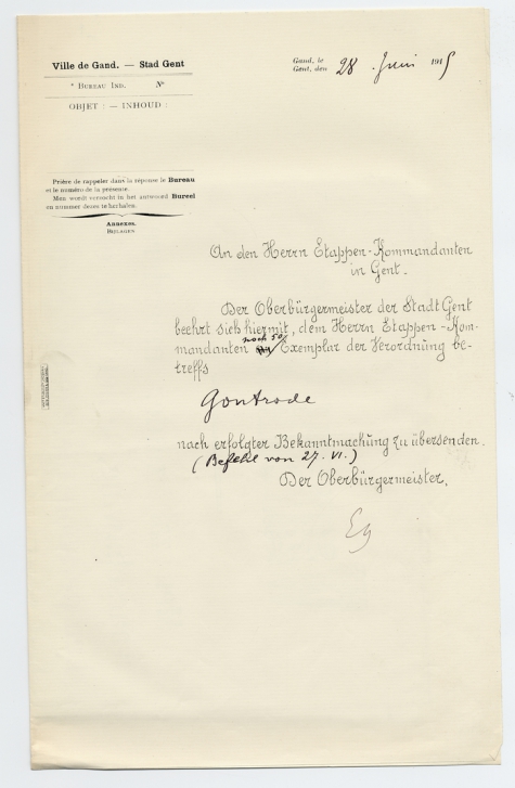 Document van de burgemeester van Gent aan de Etappenkommandant in verband met Gontrode, 1914-1918