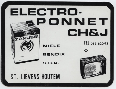 Visitekaartje elektrowinkel Ponnet, Sint-Lievens-Houtem, 1969-1978