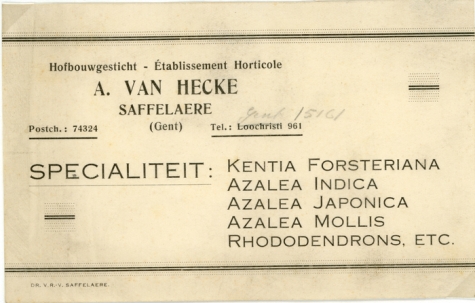 Visitekaartje bedrijf Adolf Van Hecke, Zaffelare, 1910-1920
