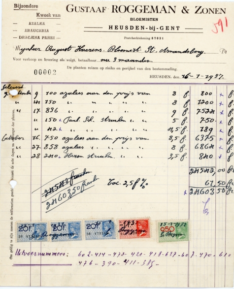 Factuur bloemisterij Gustaaf Roggeman, Destelbergen, 1937
