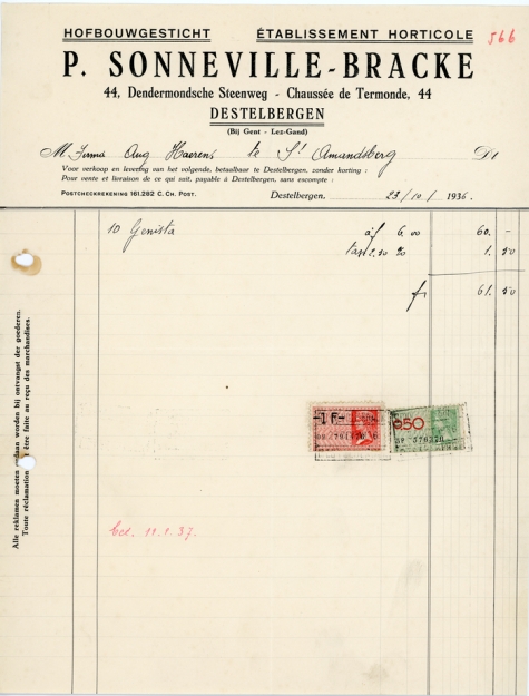 Factuur bloemisterij Sonneville, Destelbergen, 1936
