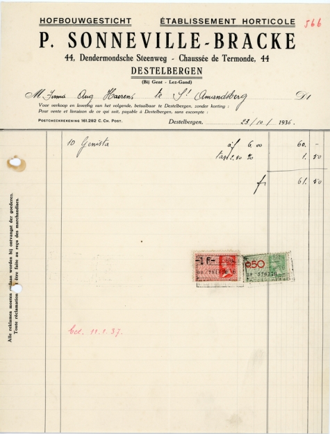 Factuur bloemisterij Sonneville, Destelbergen, 1936
