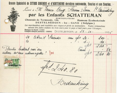Factuur bloemisterij Schatteman, Destelbergen, 1938
