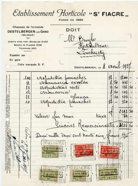 Factuur bloemisterij St.-Fiacre, Destelbergen, 1927