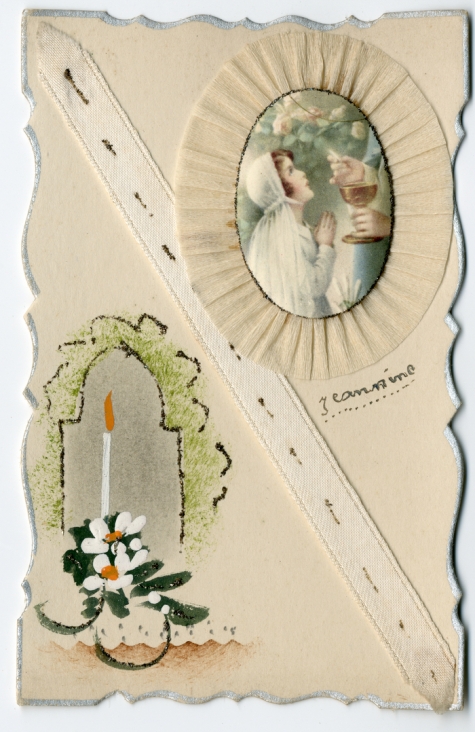 Wenskaart Raphaelle De Deyne voor communie Jeannine Steurbaut